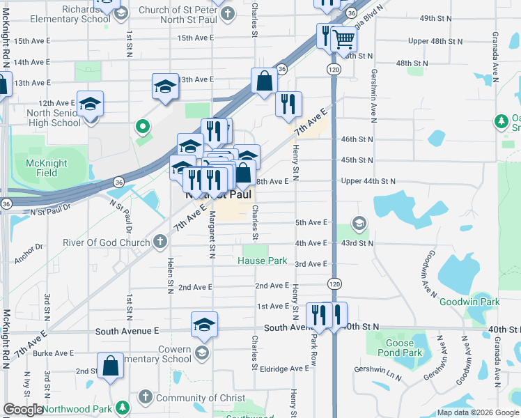 map of restaurants, bars, coffee shops, grocery stores, and more near 2330 Charles Street in Maplewood