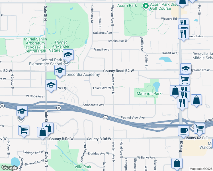 map of restaurants, bars, coffee shops, grocery stores, and more near 405 Lovell Avenue West in Roseville
