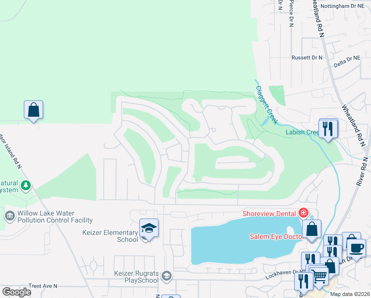 map of restaurants, bars, coffee shops, grocery stores, and more near 6342 Crenshaw Drive North in Keizer