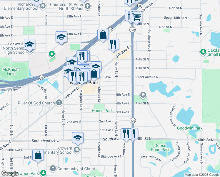 map of restaurants, bars, coffee shops, grocery stores, and more near 2658 6th Avenue East in North Saint Paul