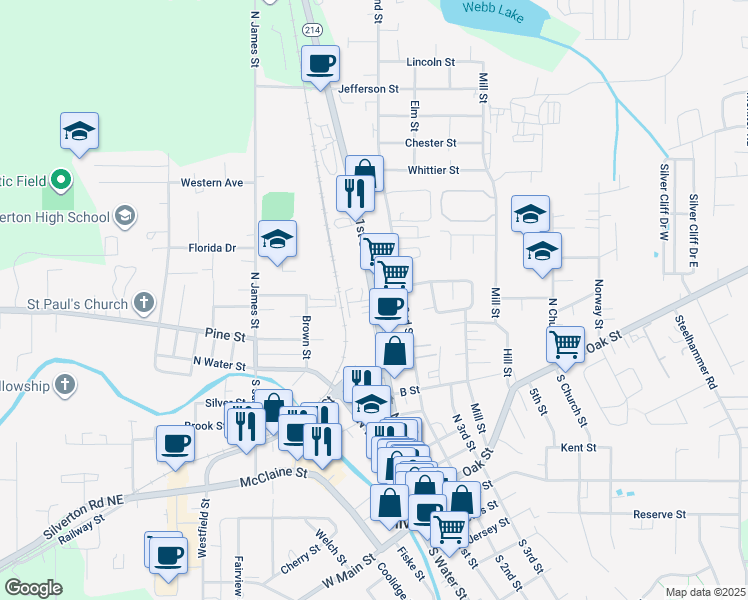 map of restaurants, bars, coffee shops, grocery stores, and more near North 1st Street in Silverton