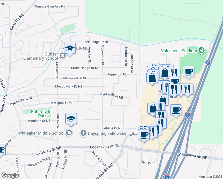 map of restaurants, bars, coffee shops, grocery stores, and more near 6343 Jaymar Drive Northeast in Keizer