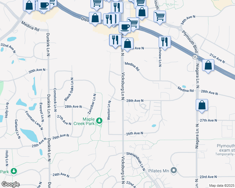 map of restaurants, bars, coffee shops, grocery stores, and more near 2805 Weston Lane North in Plymouth