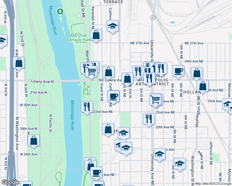 map of restaurants, bars, coffee shops, grocery stores, and more near 2301 California Street Northeast in Minneapolis
