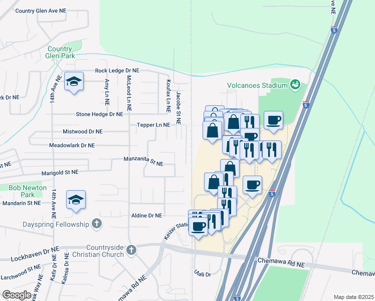 map of restaurants, bars, coffee shops, grocery stores, and more near 6433 Tepper Park Way Northeast in Keizer