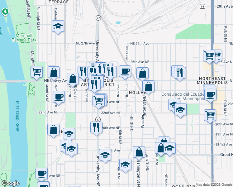 map of restaurants, bars, coffee shops, grocery stores, and more near 412 24th Avenue Northeast in Minneapolis