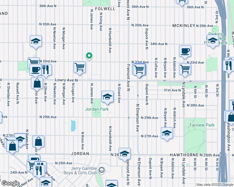 map of restaurants, bars, coffee shops, grocery stores, and more near 3019 North Girard Avenue in Minneapolis