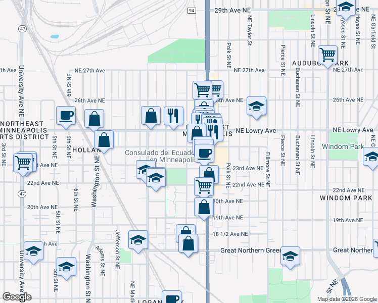 map of restaurants, bars, coffee shops, grocery stores, and more near 2333 Northeast Jackson Street in Minneapolis
