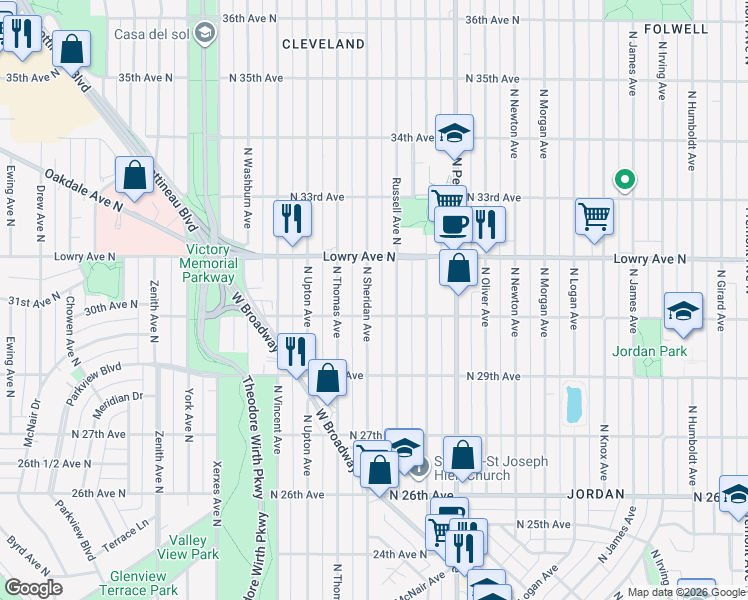 map of restaurants, bars, coffee shops, grocery stores, and more near 3014 North Sheridan Avenue in Minneapolis