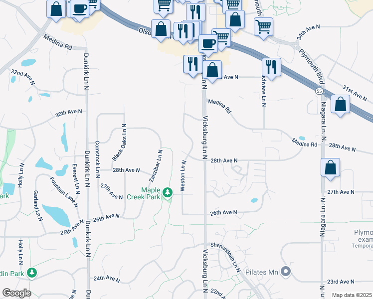 map of restaurants, bars, coffee shops, grocery stores, and more near 2805 Weston Lane North in Plymouth