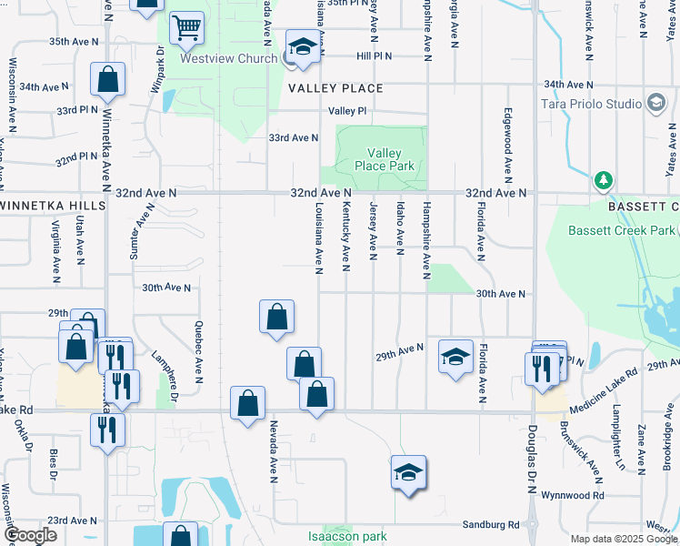 map of restaurants, bars, coffee shops, grocery stores, and more near 3017 Kentucky Avenue North in Minneapolis