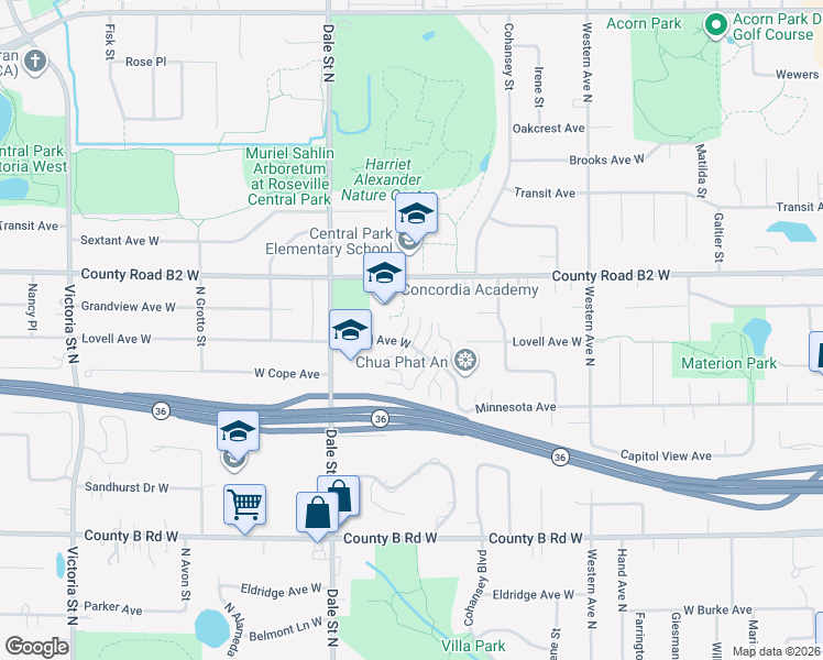 map of restaurants, bars, coffee shops, grocery stores, and more near 549 Lovell Avenue West in Roseville