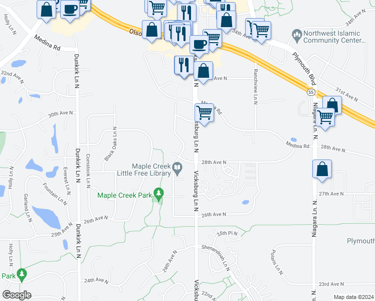 map of restaurants, bars, coffee shops, grocery stores, and more near 2810 Weston Lane North in Plymouth