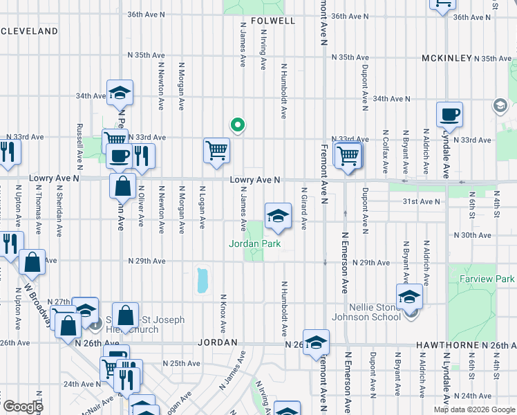 map of restaurants, bars, coffee shops, grocery stores, and more near 3017 North Irving Avenue in Minneapolis