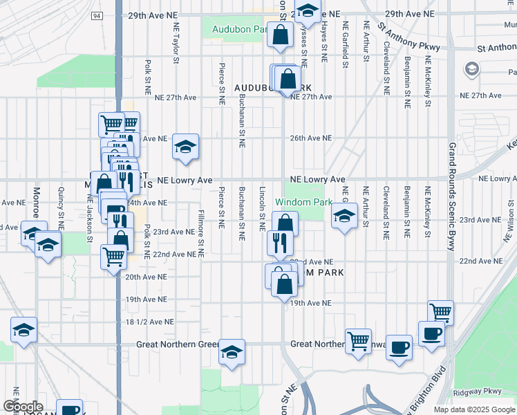 map of restaurants, bars, coffee shops, grocery stores, and more near 2314 Lincoln Street Northeast in Minneapolis