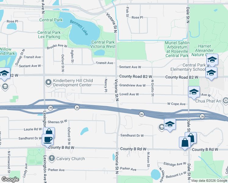 map of restaurants, bars, coffee shops, grocery stores, and more near 865 Lovell Avenue West in Roseville