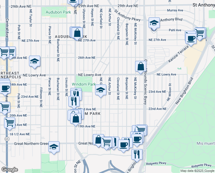 map of restaurants, bars, coffee shops, grocery stores, and more near 2314 Northeast Arthur Street in Minneapolis