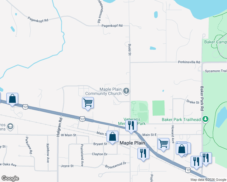 map of restaurants, bars, coffee shops, grocery stores, and more near 1890 Newport Street in Maple Plain