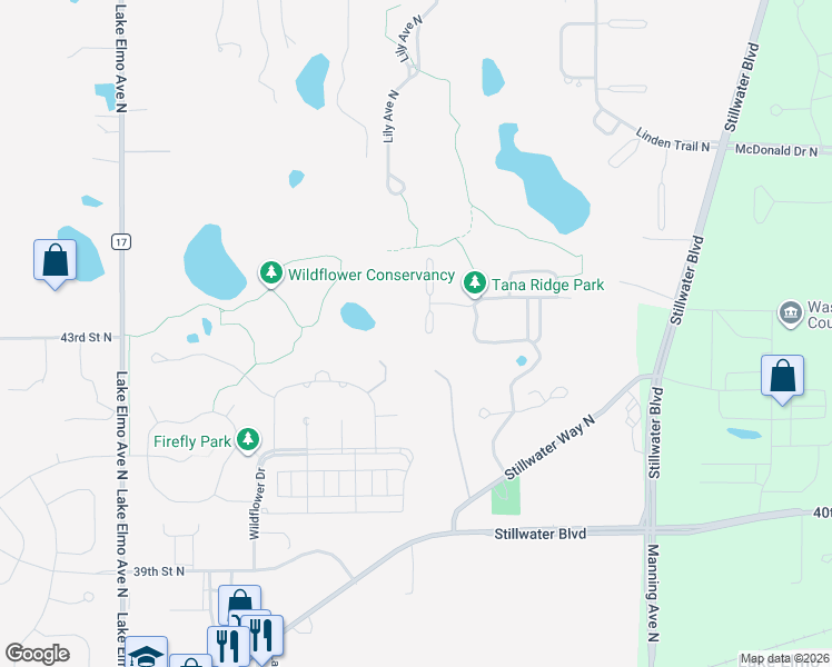 map of restaurants, bars, coffee shops, grocery stores, and more near 4348 Lily Avenue North in Lake Elmo