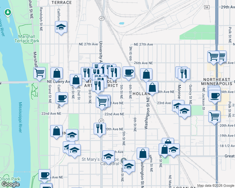map of restaurants, bars, coffee shops, grocery stores, and more near 412 24th Avenue Northeast in Minneapolis