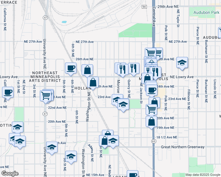 map of restaurants, bars, coffee shops, grocery stores, and more near 682 24th Avenue Northeast in Minneapolis