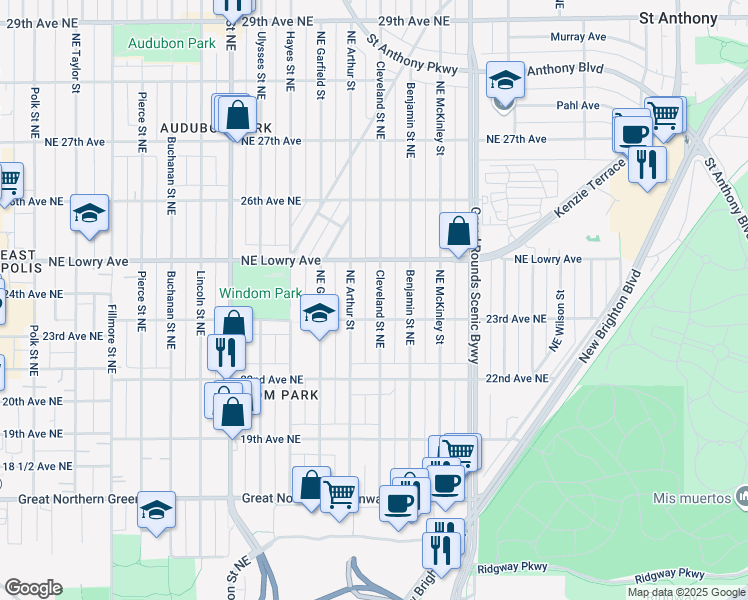 map of restaurants, bars, coffee shops, grocery stores, and more near 2318 Northeast Cleveland Street in Minneapolis