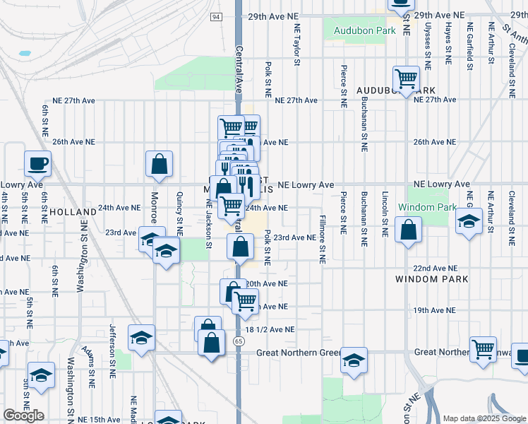 map of restaurants, bars, coffee shops, grocery stores, and more near 958 24th Avenue Northeast in Minneapolis