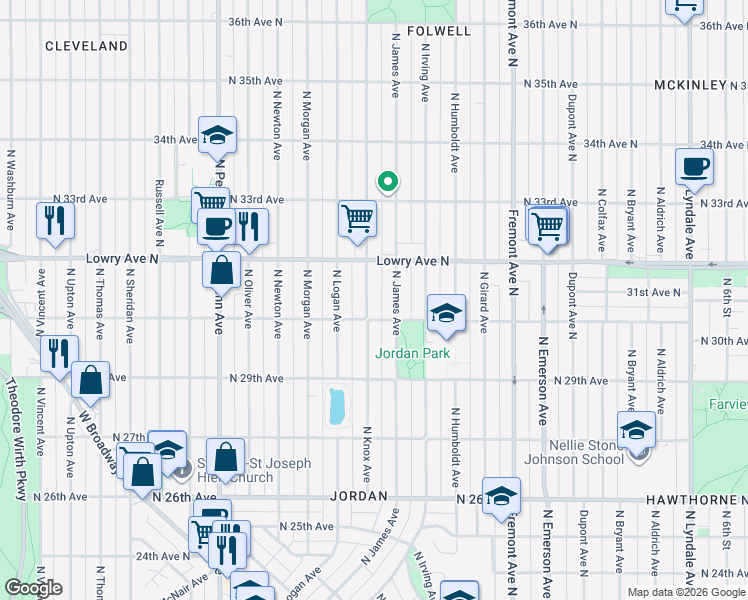 map of restaurants, bars, coffee shops, grocery stores, and more near 3016 North Knox Avenue in Minneapolis