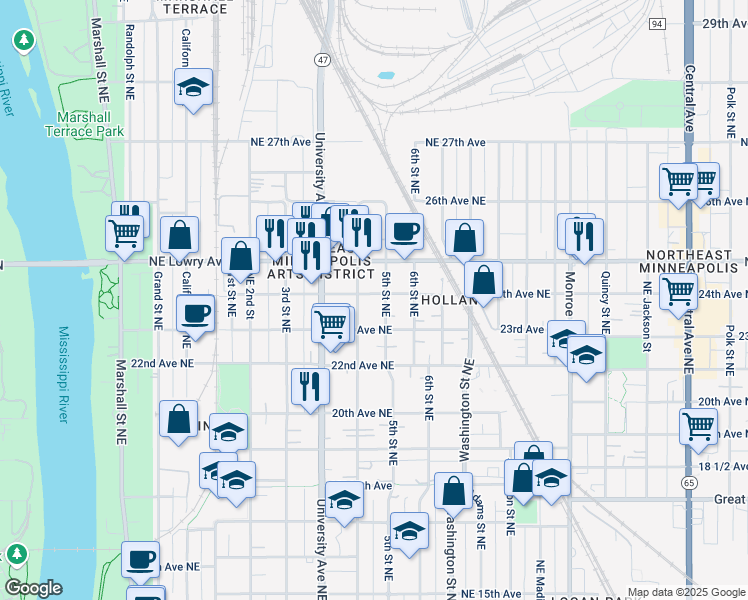 map of restaurants, bars, coffee shops, grocery stores, and more near 412 24th Avenue Northeast in Minneapolis
