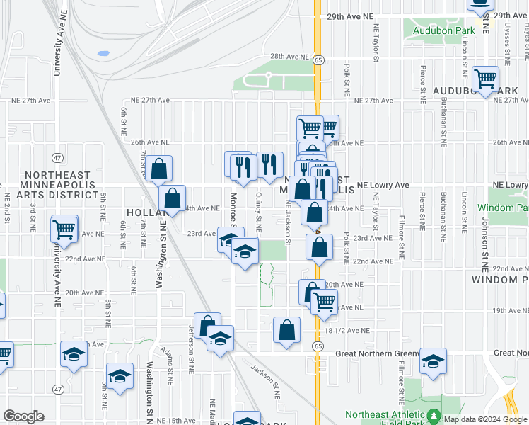 map of restaurants, bars, coffee shops, grocery stores, and more near 2345 Quincy Street Northeast in Minneapolis