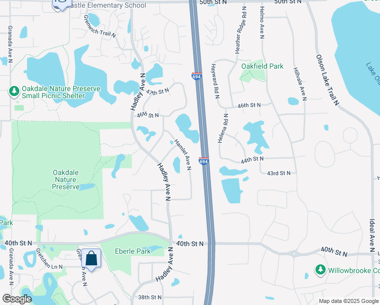 map of restaurants, bars, coffee shops, grocery stores, and more near 4373 Hamlet Avenue North in Oakdale