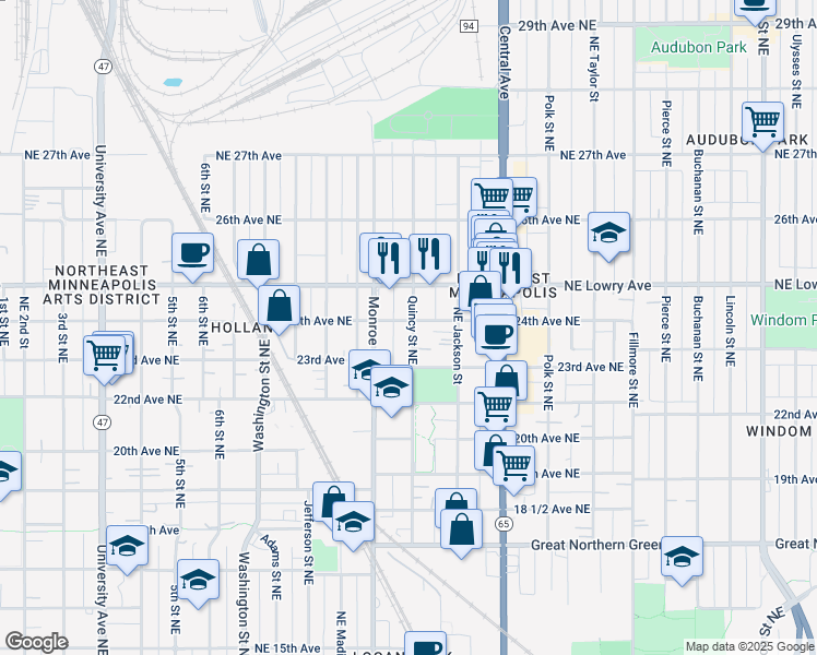 map of restaurants, bars, coffee shops, grocery stores, and more near 2345 Quincy Street Northeast in Minneapolis