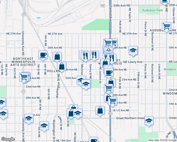map of restaurants, bars, coffee shops, grocery stores, and more near 708 24th Avenue Northeast in Minneapolis