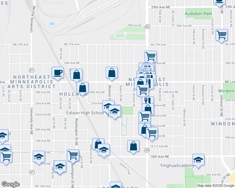 map of restaurants, bars, coffee shops, grocery stores, and more near 708 24th Avenue Northeast in Minneapolis