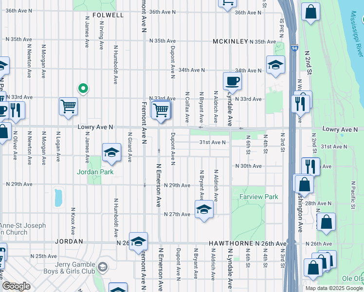 map of restaurants, bars, coffee shops, grocery stores, and more near 1019 31st Avenue North in Minneapolis