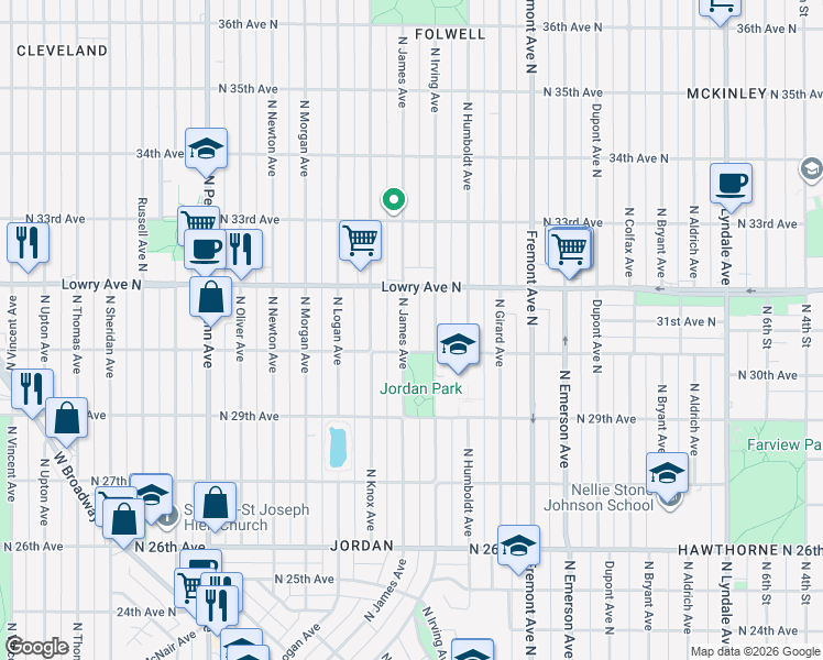 map of restaurants, bars, coffee shops, grocery stores, and more near 3017 North Irving Avenue in Minneapolis