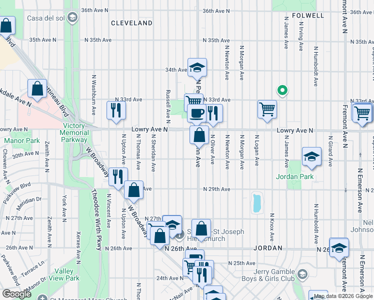 map of restaurants, bars, coffee shops, grocery stores, and more near 3018 Queen Avenue North in Minneapolis