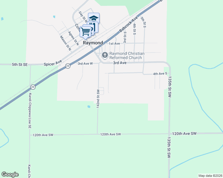 map of restaurants, bars, coffee shops, grocery stores, and more near 421 1st Street South in Raymond