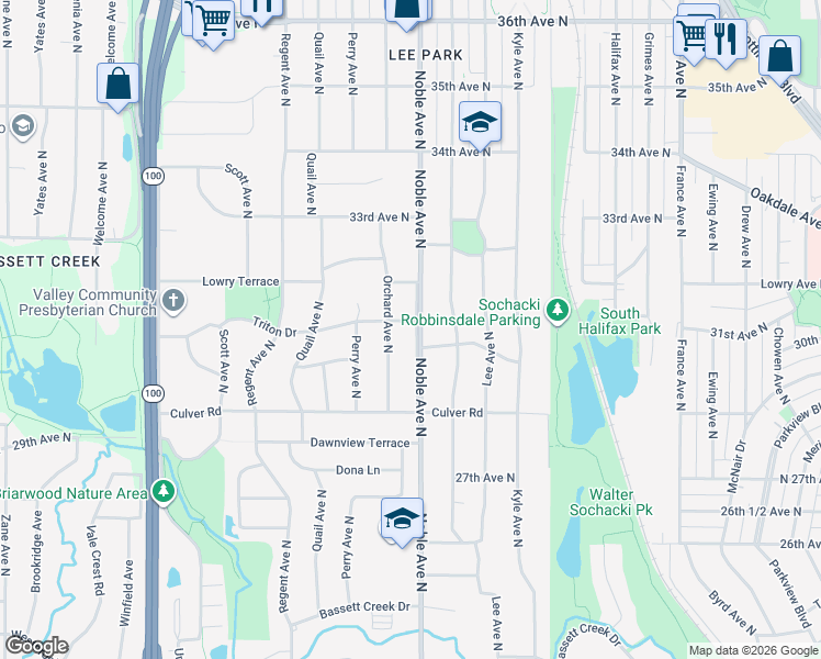 map of restaurants, bars, coffee shops, grocery stores, and more near 3025 Noble Avenue North in Minneapolis