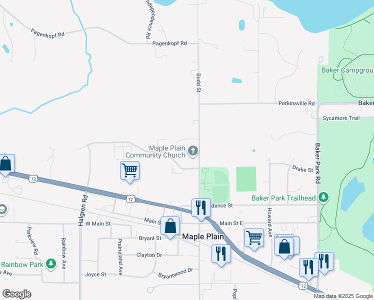 map of restaurants, bars, coffee shops, grocery stores, and more near 1839 Budd Avenue North in Maple Plain
