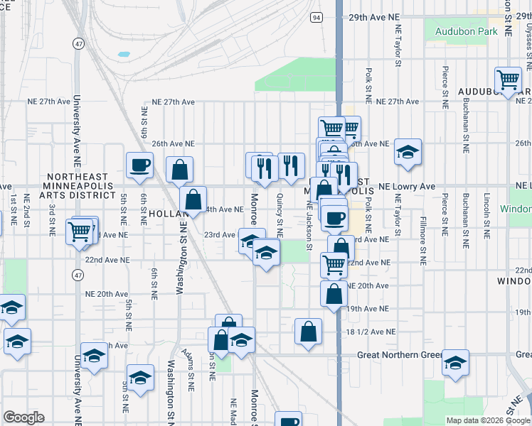 map of restaurants, bars, coffee shops, grocery stores, and more near 708 24th Avenue Northeast in Minneapolis