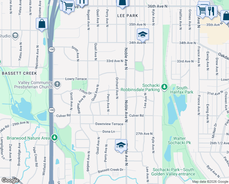 map of restaurants, bars, coffee shops, grocery stores, and more near 3025 Orchard Avenue North in Minneapolis