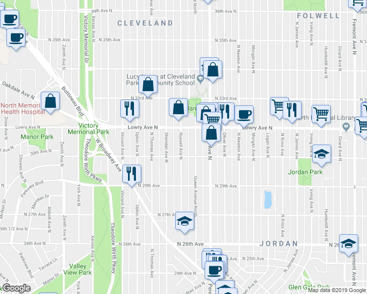 map of restaurants, bars, coffee shops, grocery stores, and more near 3018 Russell Avenue North in Minneapolis