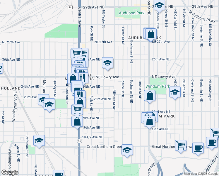 map of restaurants, bars, coffee shops, grocery stores, and more near 1114 24th Avenue Northeast in Minneapolis