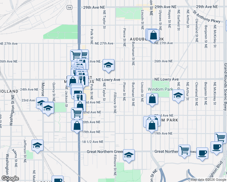 map of restaurants, bars, coffee shops, grocery stores, and more near 1114 24th Avenue Northeast in Minneapolis