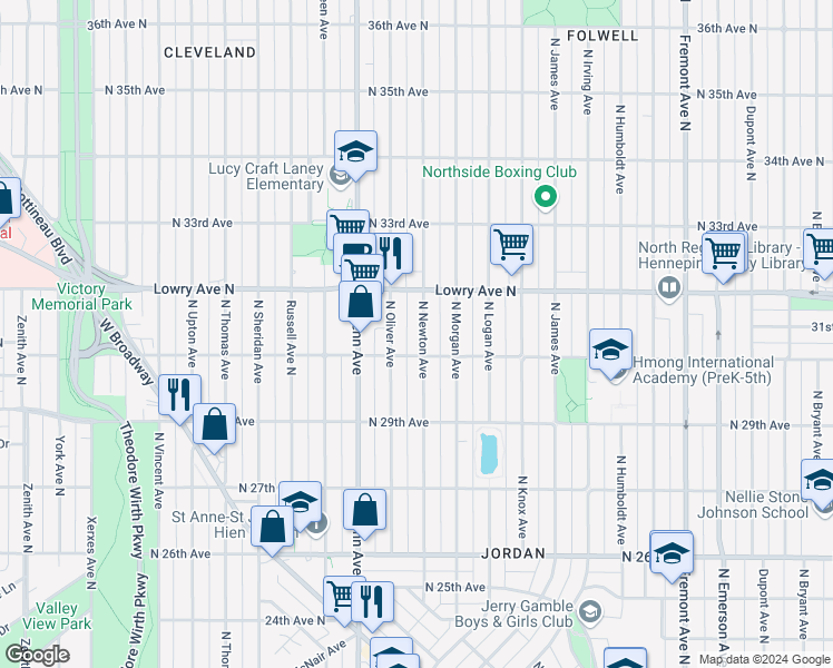 map of restaurants, bars, coffee shops, grocery stores, and more near 3019 North Newton Avenue in Minneapolis