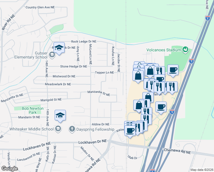 map of restaurants, bars, coffee shops, grocery stores, and more near 2317 Woodlawn Court Northeast in Keizer
