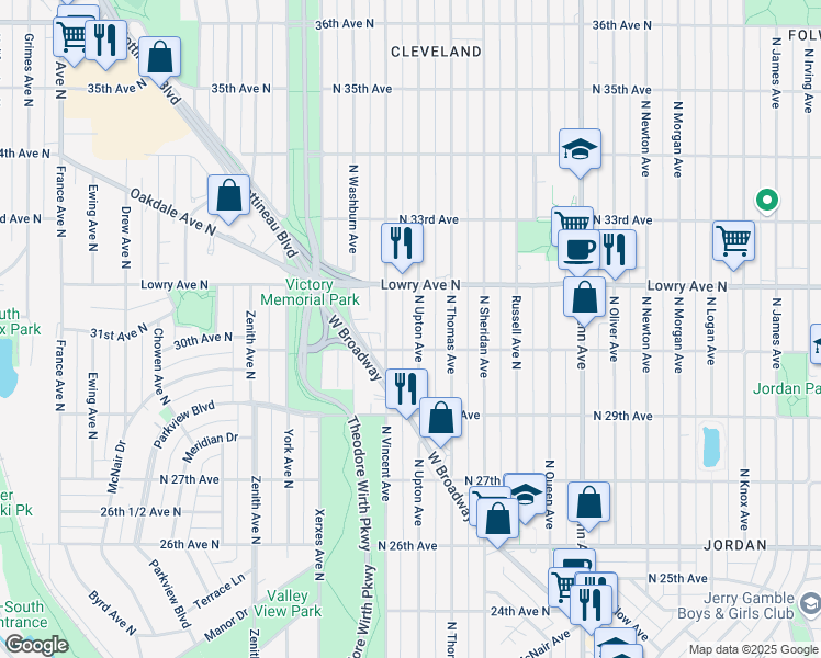 map of restaurants, bars, coffee shops, grocery stores, and more near 3019 North Upton Avenue in Minneapolis