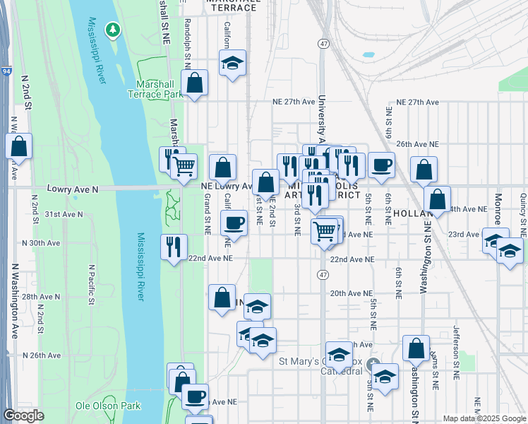 map of restaurants, bars, coffee shops, grocery stores, and more near 2326 Northeast 2nd Street in Minneapolis