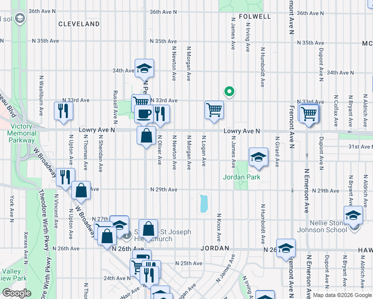 map of restaurants, bars, coffee shops, grocery stores, and more near 3019 North Morgan Avenue in Minneapolis